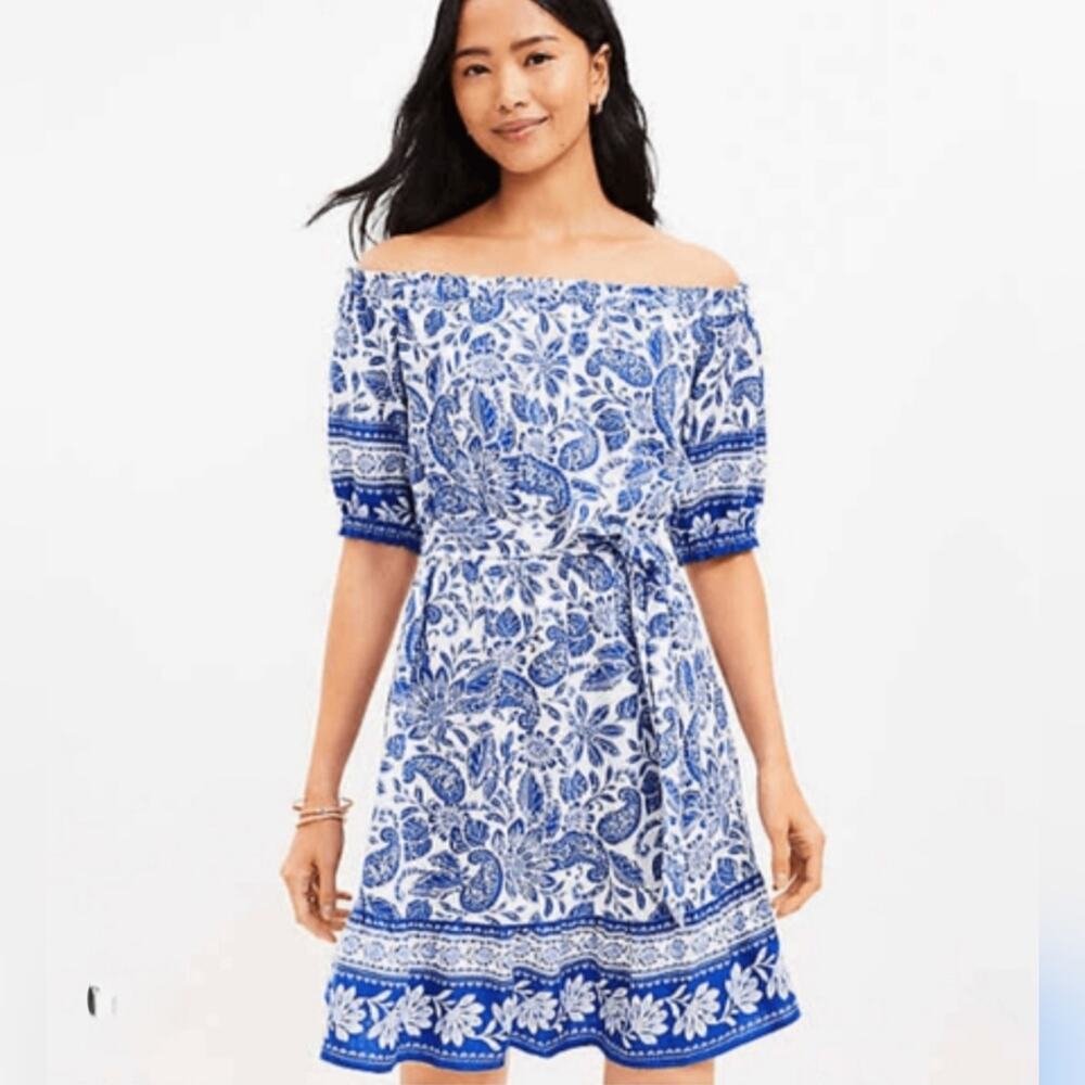 Loft Paisley Cobalt Blue and White Linen Blend Off-Shoulder Dress Sz. M #2018